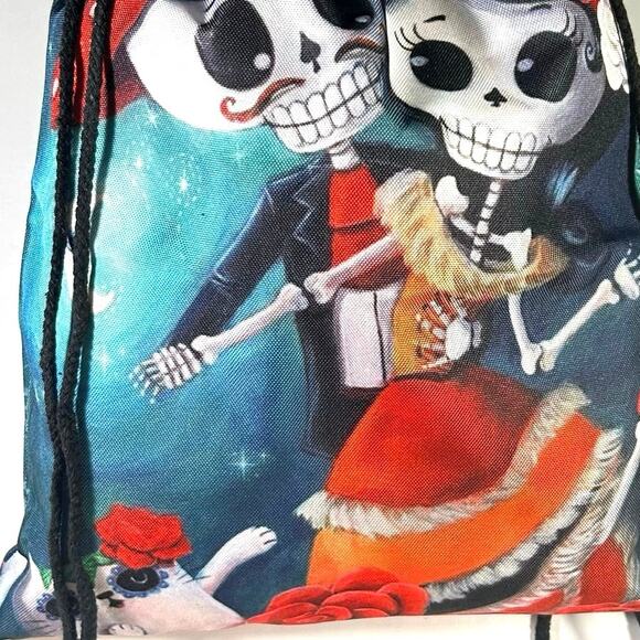 Dia de Los Muertos Sugar Skull Couple Rope Drawstring Canvas Tote Bag - Picture 4 of 5